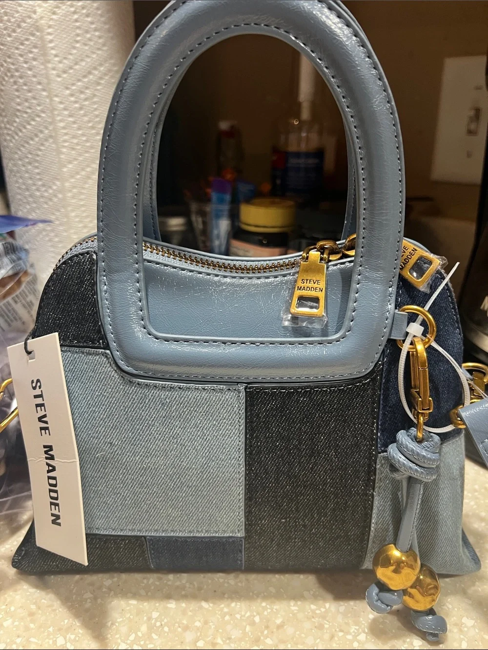 Steve Madden Patchwork Denim Satchel in Light Blue and Dark Blue